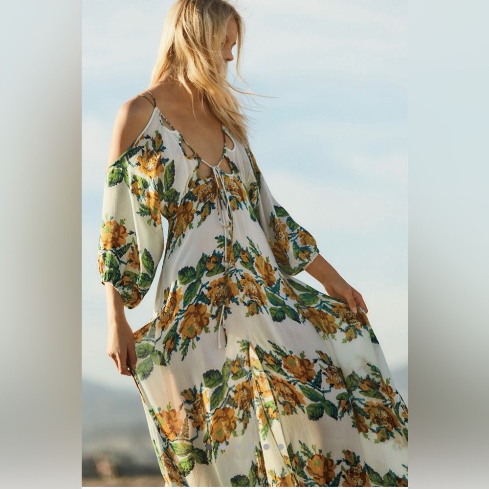 Free People One Monarch Floral Maxi Dress Cold Shoulder Cottagecore Rodeo XS